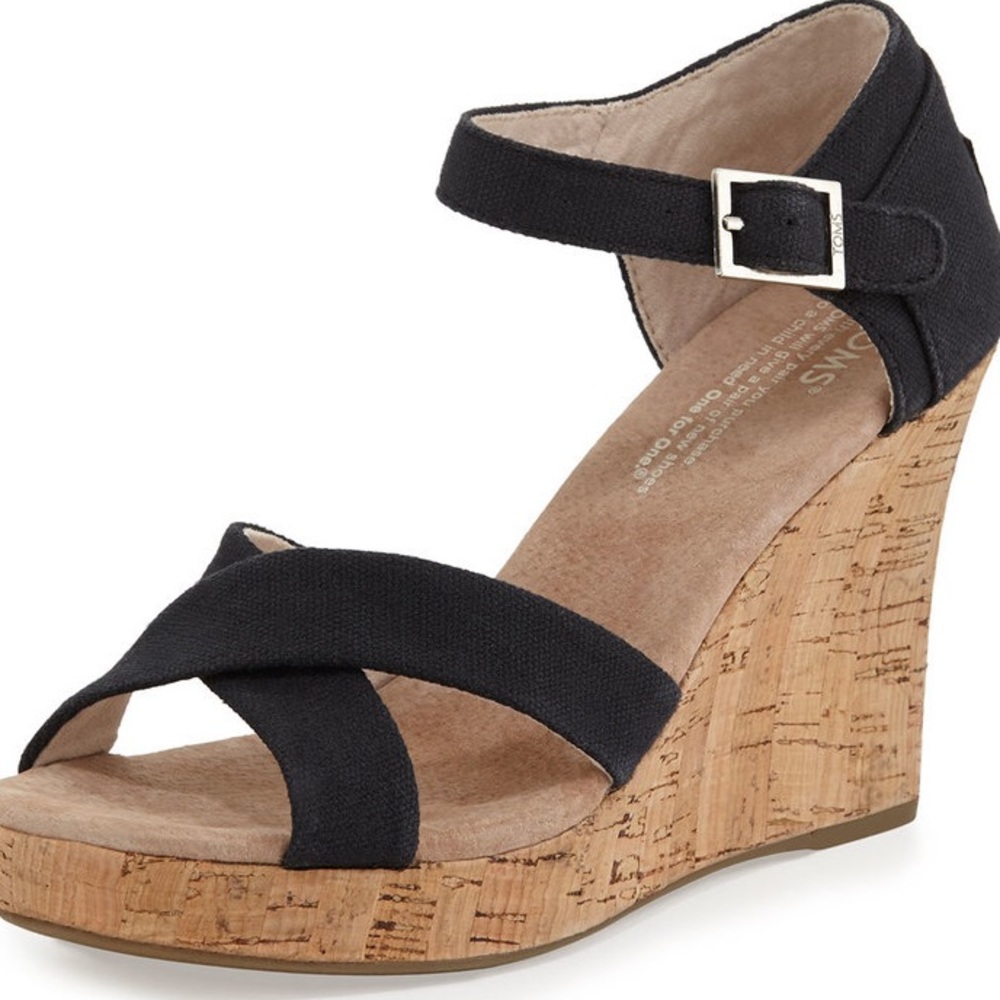 Toms Black Strappy Cork Wedge Sandals with Ankle Strap